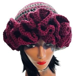 Handmade Crochet Ruffle reversible Hat in burgundy and tweeted gray.